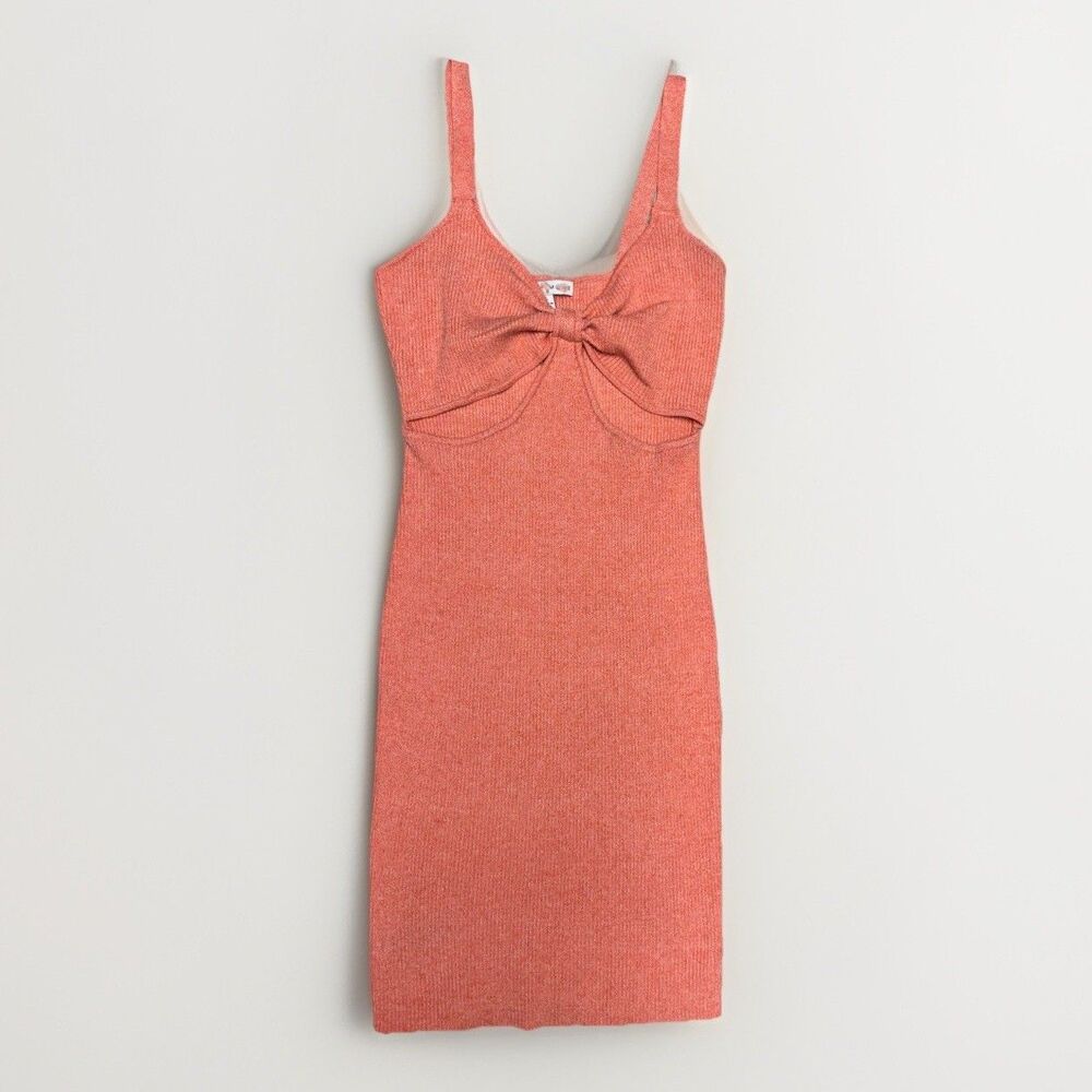 Y2K Coral Rib Knit Bow Cutout Bodycon Dress Coquette Barbiecore Size L Resort
